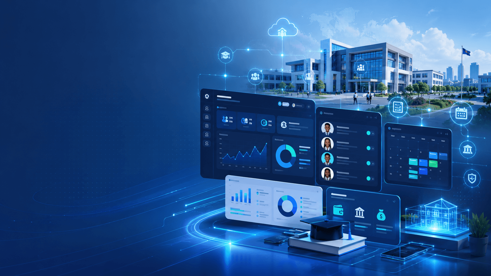 Teqrutsys school management dashboard with a connected digital campus